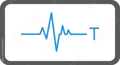 Blue ekg waveform on a screen with a gray border and the letter t beside it