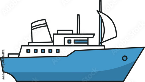 Cartoon illustration of a blue cruise ship sailing on the ocean adventure travel