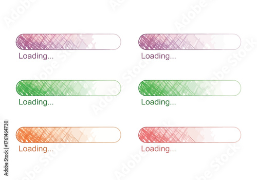 Vector illustration of set of six loading bars with different color gradients and textures