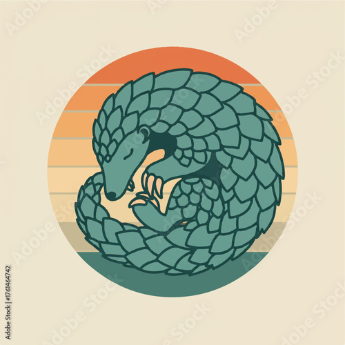 A stylized pangolin curled into a ball against a sunset background