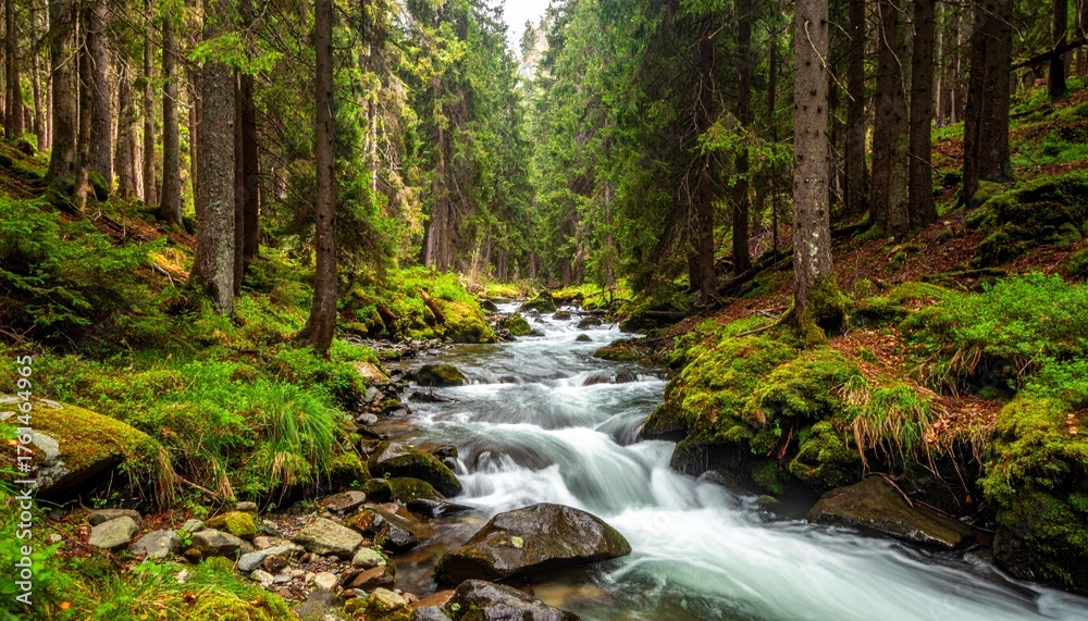 Fototapeta premium Mountain stream or river in a forest, spring nature landscape