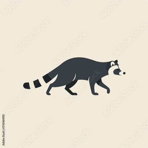 A stylized raccoon with a black mask and striped tail walks right