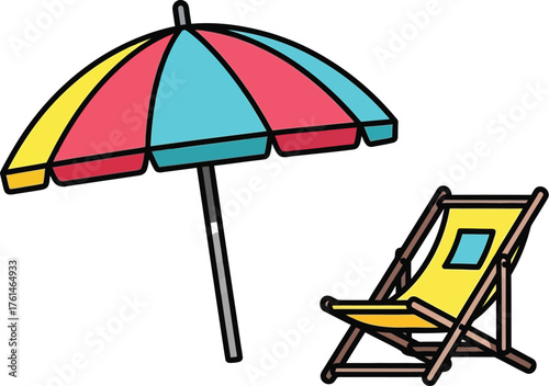 Colorful beach umbrella and yellow deck chair on white background illustration