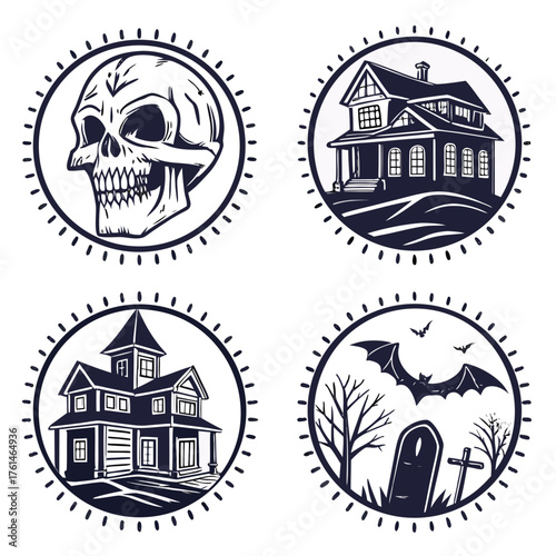Horror t-shirt badge designs featuring zombie skull haunted house bat and graveyard vector graphics