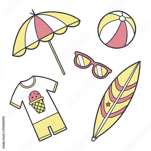 Summer beach vacation vector illustrations with t-shirt surfboard umbrella beach ball sunglasses