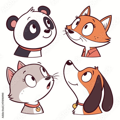 Four cute cartoon animal heads panda fox cat dog adorable vector illustration eps scalable icon