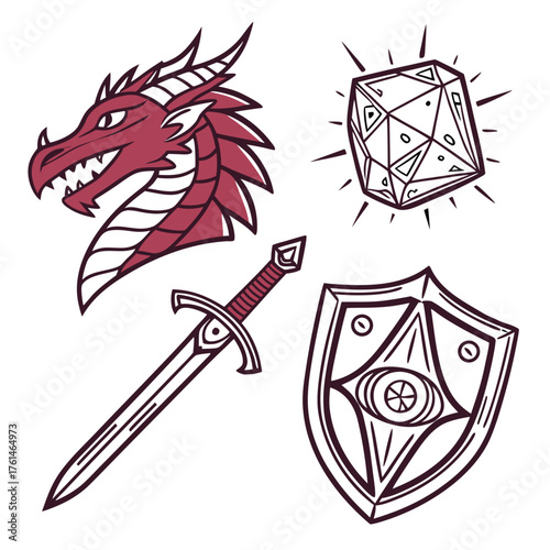Fantasy adventure vector emblems dragon sword shield gemstone icons for gaming art
