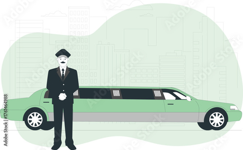 Chauffeur standing in front of a green limousine with city skyline Keywords: chauffeur, limousine, car, luxury, transport, transportation, vehicle, driver, formal, suit, hat, city, skyline