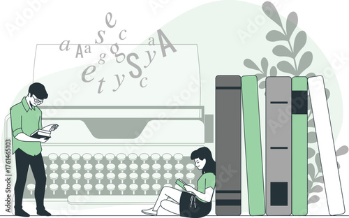 People reading books near a typewriter and stack of books Keywords: people, reading, books, library, learning, education, knowledge, typewriter, vintage, technology, stack, literature, story