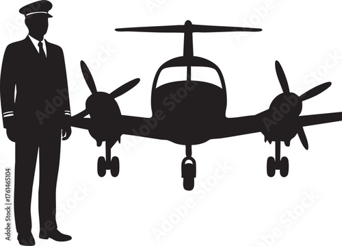 Pilot standing beside airplane silhouette vector