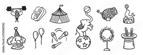Circus doodle hand drawn icon set. Outline drawing circus line clipart symbol collection