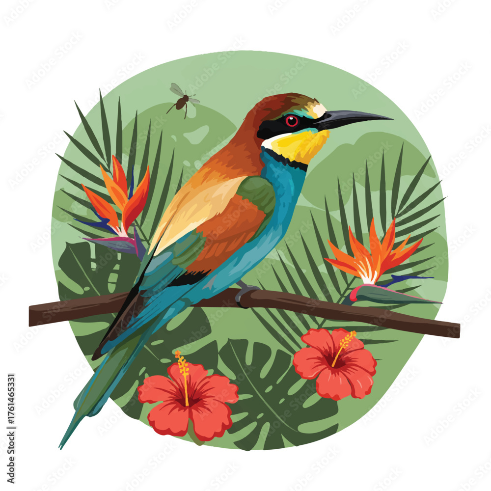 Obraz premium A vibrantly colored bird perched on a branch with tropical flora