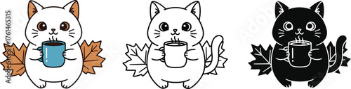 Three cats holding mugs with leaves in color outline and silhouette
