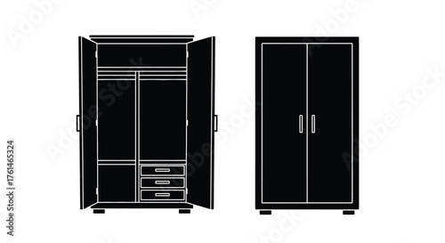 Black and white illustration depicting two modern wardrobe designs in detail