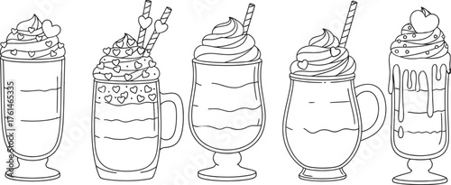Whimsical hand-drawn collection of sweet dessert drinks topped with whipped cream and hearts.