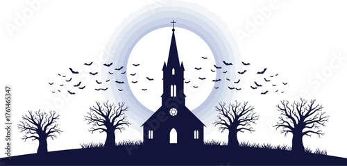 Vector art of silhouette of a spooky church with bats and bare trees at night