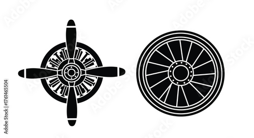Black and white illustration of a vintage airplane propeller and wheel