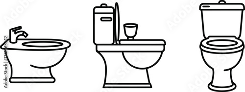 Set of three bathroom fixtures: bidet, toilet with open lid, and toilet.