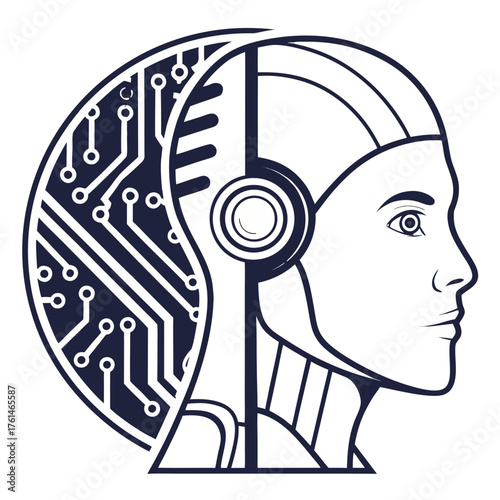 Half Human Half Circuit AI Robot Head.Perfect for: AI ethics articles, human-robot relationship visuals, tech branding