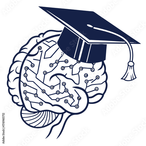 AI Brain with Graduation Cap Vector.Perfect for academic branding, education AI apps, school logos