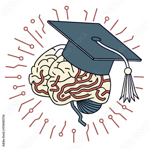 AI Brain with Graduation Cap Vector.Perfect for academic branding, education AI apps, school logos