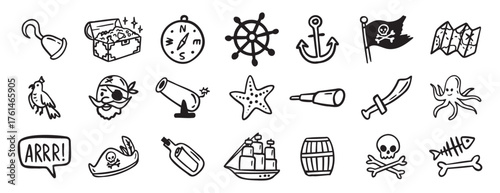 pirate adventure and sea elements. ship, coins, bottle, anchor doodle hand drawn icon set. Outline drawing pirate sea adventure line clipart symbol collection