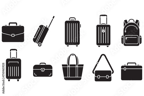 Diverse collection of luggage icons isolated on white background, showcasing various types of bags and suitcases for travel and storage needs in design projects vector illustration