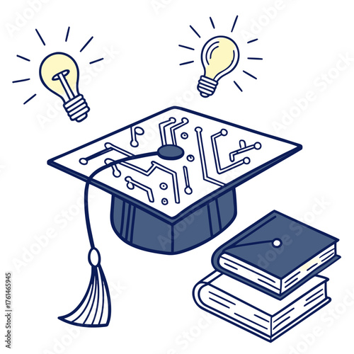 AI Graduation Cap with Knowledge Icons Vector.Perfect for university branding, online learning platforms, AI education logos