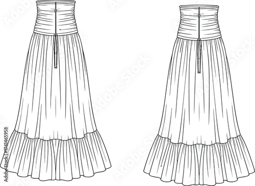 Cad drawing flat vector illustration, strapless tiered dress fashion template, garment sketch,