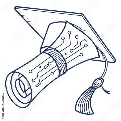 AI Graduation Diploma with Circuits Vector.Perfect for academic branding, university logos, online certification platforms