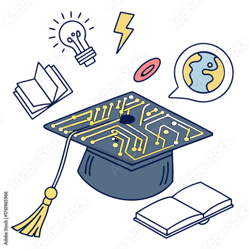 AI Graduation Cap with Knowledge Icons Vector.Perfect for university branding, online learning platforms, AI education logos