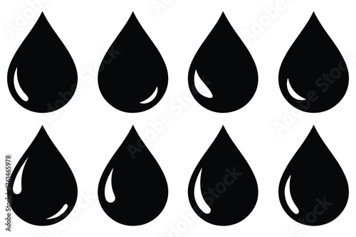 Collection of simple black water drop icons, each featuring a glossy highlight, arranged in a neat grid pattern, isolated on white background vector illustration