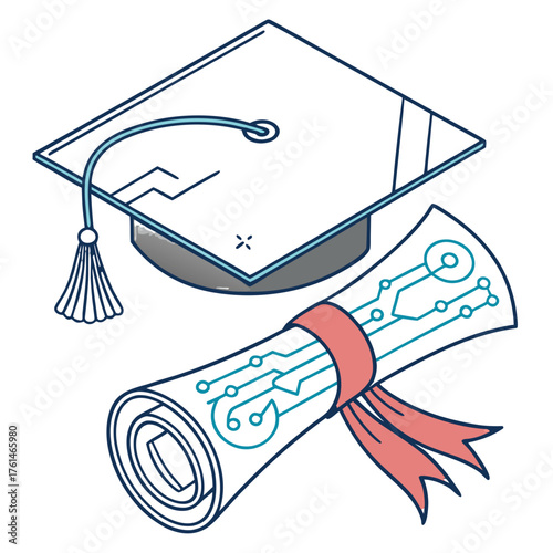 AI Graduation Diploma with Circuits Vector.Perfect for academic branding, university logos, online certification platforms