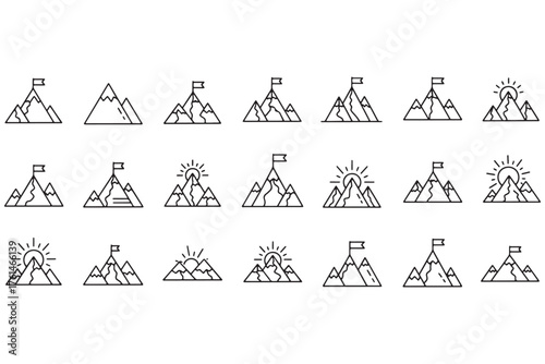 Wallpaper Mural Collection of mountain peak icons with flags isolated on white background, representing goals, achievements, and challenges in a minimalist line art style vector illustration Torontodigital.ca