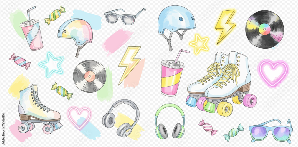 Naklejka premium Watercolor illustration of retro 80s and 90s themed items including roller skates, helmets, sunglasses, headphones, vinyl records, and candy on a pastel background.