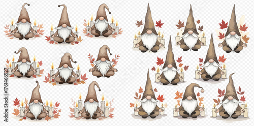 Watercolor autumn gnomes with fall leaves and candles digital clipart set.