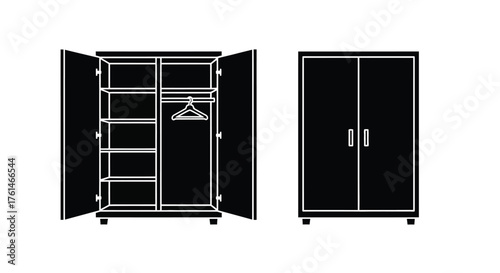 Simple black and white illustration of an open and closed wardrobe