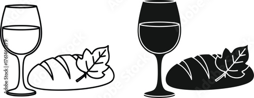 Three versions of wine glass bread and leaf illustration on white