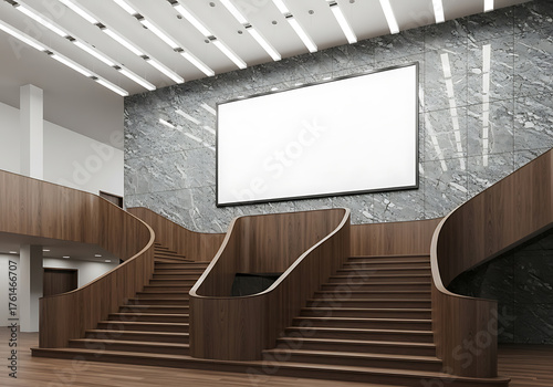 interior staircase splitting in two directions, granite stone wall with mounted clean white billboard, modern architectural lighting with long ceiling lamps, minimalist design, high realism, bright 