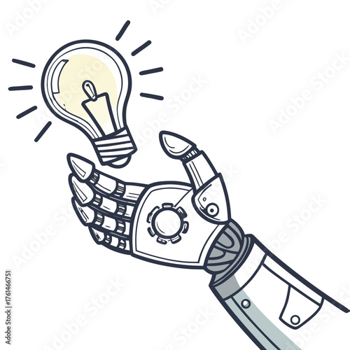 Robotic Hand with Light Bulb AI Innovation Symbol.Perfect for: Startup branding, AI idea presentations, technology posters