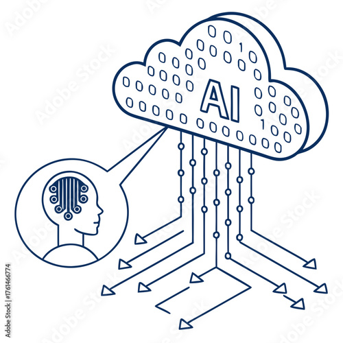 AI Cloud with Flowing Data Streams and Binary Code.Perfect for: Cloud computing visuals, AI SaaS branding, futuristic presentations