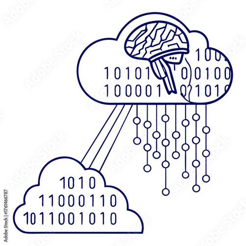 AI Cloud with Flowing Data Streams and Binary Code.Perfect for: Cloud computing visuals, AI SaaS branding, futuristic presentations