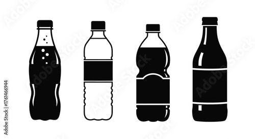 Four black and white illustrations depicting different shaped plastic bottles