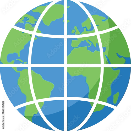 Globe illustration showing continents and oceans on a white isolated background