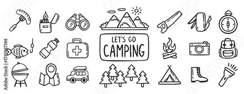 camping equipment doodle hand drawn icon set. Outline drawing camping tourism line clipart symbol collection. Local travel adventure 
