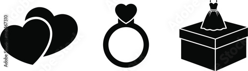 Symbols of love and commitment: hearts, ring, and wedding dress on gift box.