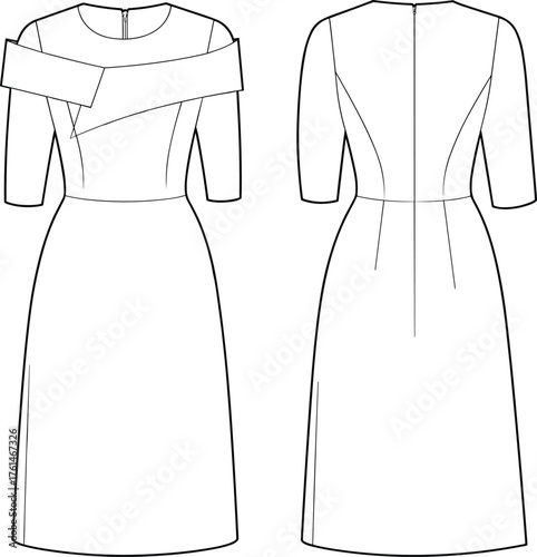 Cad drawing flat vector illustration, technical fashion sketch, asymmetrical dress design, garment construction, apparel template, tailored fit, elbow sleeves