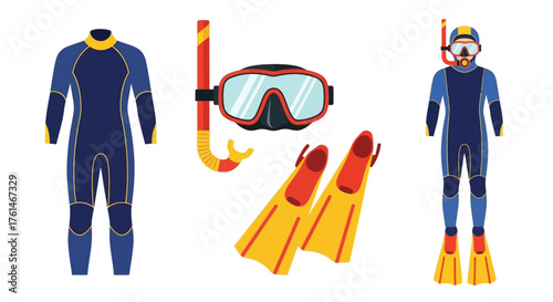 Colorful scuba diving gear including wetsuit mask fins and snorkel