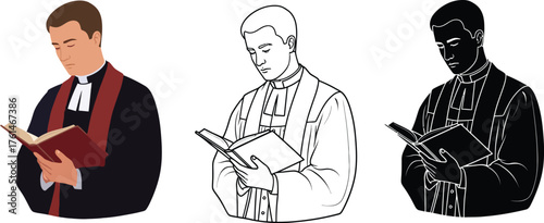 Clergy member in formal attire reads from a book with reverence and concentration.