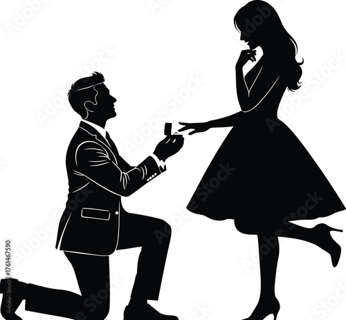 Man proposing to woman with engagement ring in black and white style
